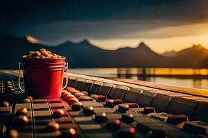a bucket of nuts on a table with a sunset in the background. AI-Generated photo