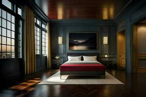 a bedroom with dark wood floors and a large painting on the wall. AI-Generated photo