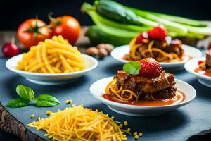 three small bowls with spaghetti, tomatoes and cheese. AI-Generated photo