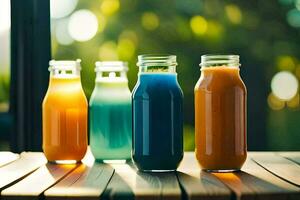 four different colored juices in glass bottles on a table. AI-Generated photo