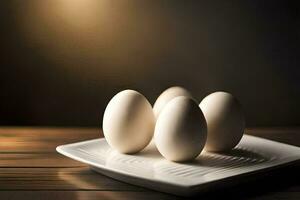 cuatro blanco huevos en un blanco plato en un de madera mesa. generado por ai foto