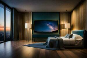 a bedroom with a large tv on the wall. AI-Generated photo