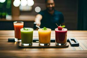 a man is holding a tray of different juices. AI-Generated photo