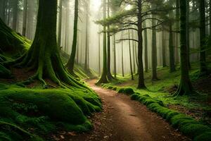 a path through a green forest with mossy trees. AI-Generated photo