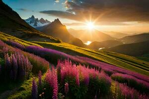 the sun rises over the mountains and flowers in the foreground. AI-Generated photo