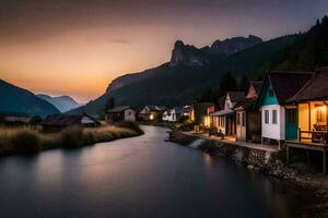 foto fondo de pantalla el cielo, montañas, río, casas, atardecer, el montañas, río, casas generado por ai