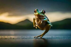 a frog jumping on the ground with a sunset in the background. AI-Generated photo