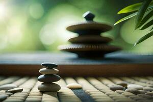 zen piedras y un bambú planta en un de madera mesa. generado por ai foto