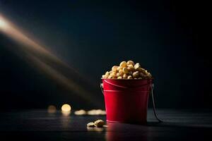 a red bucket filled with peanuts on a dark table. AI-Generated photo