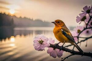 a bird sits on a branch with flowers in the background. AI-Generated photo