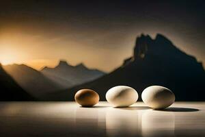 three eggs are sitting on a table in front of a mountain. AI-Generated photo