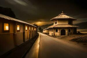 a long exposure photo of a building in the middle of a road. AI-Generated