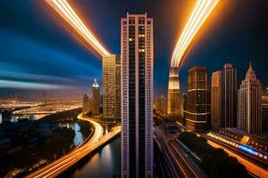 un ciudad horizonte a noche con largo exposición. generado por ai foto