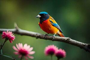 a colorful bird sits on a branch with pink flowers. AI-Generated photo