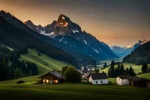 a small village in the mountains at sunset. AI-Generated photo