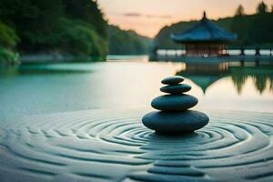 a stack of stones sitting on the water in front of a pagoda. AI-Generated photo