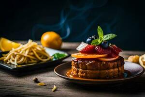 a plate with a cake and fruit on it. AI-Generated photo