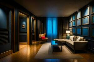 a living room with dark blue walls and wood floors. AI-Generated photo