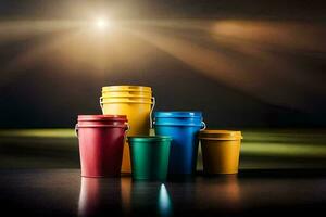 colorful buckets on a dark table with a bright light. AI-Generated photo