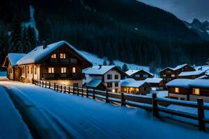 a snowy village at night with houses on the side of the road. AI-Generated photo