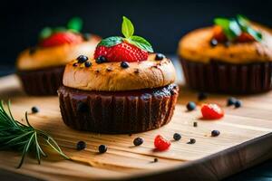 mini cupcakes with strawberries and chocolate on a wooden cutting board. AI-Generated photo
