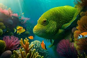 a fish swimming in the ocean with coral reefs. AI-Generated photo