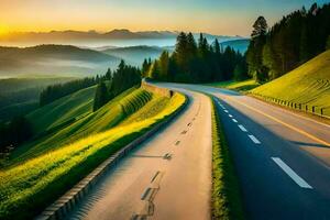 a scenic road in the mountains with a sunset. AI-Generated photo