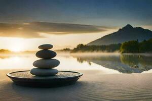 a stack of stones on a beach at sunset. AI-Generated photo