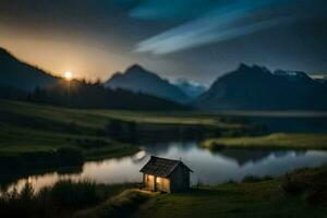 un pequeño cabina se sienta en el borde de un lago a puesta de sol. generado por ai foto