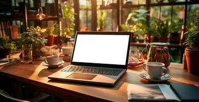 Desktop with laptop, business background, work from home concept - AI generated image photo