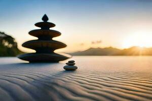 a stack of stones on the sand at sunset. AI-Generated photo