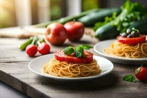 spaghetti with tomatoes and basil on a plate. AI-Generated photo