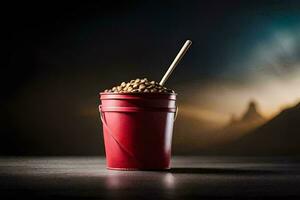 a bucket of coffee with a wooden stick. AI-Generated photo
