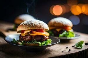 two hamburgers on a wooden table with smoke coming out of them. AI-Generated photo