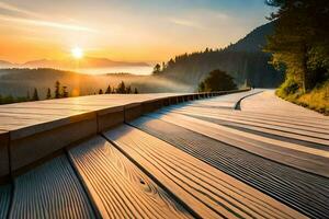 a wooden boardwalk leads to a mountain view. AI-Generated photo