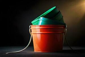 a bucket with a green lid and a red lid. AI-Generated photo