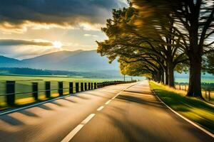 un la carretera con arboles y montañas en el antecedentes. generado por ai foto