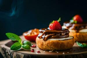 two small cakes with chocolate and strawberries on a wooden board. AI-Generated photo