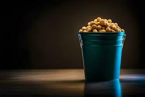 a bucket filled with peanuts on a dark table. AI-Generated photo