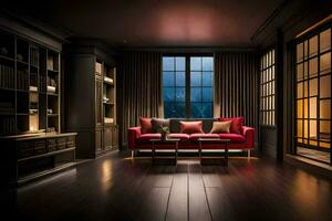 a red couch sits in a dark room. AI-Generated photo