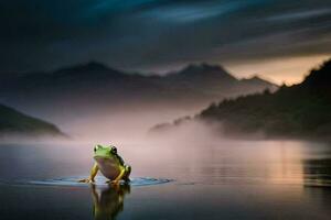 a frog is standing on the edge of a lake at sunset. AI-Generated photo