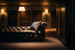 a dark room with a leather couch and lamps. AI-Generated photo