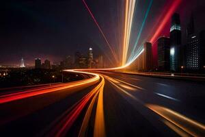 un largo exposición fotografía de un ciudad a noche. generado por ai foto