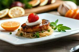 a plate with food on it, including a strawberry and a slice of lemon. AI-Generated photo