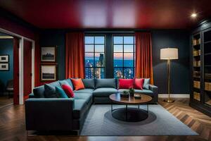 the living room has a view of the city. AI-Generated photo