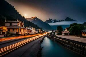 a long exposure photo of a river and mountains. AI-Generated