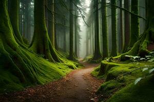 a path through a forest with mossy trees. AI-Generated photo