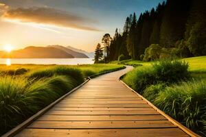a wooden path leads to a lake and mountains at sunset. AI-Generated photo