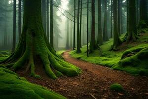 un camino mediante un bosque con cubierto de musgo arboles generado por ai foto