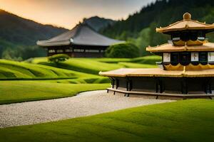 a pagoda sits on top of a green field. AI-Generated photo